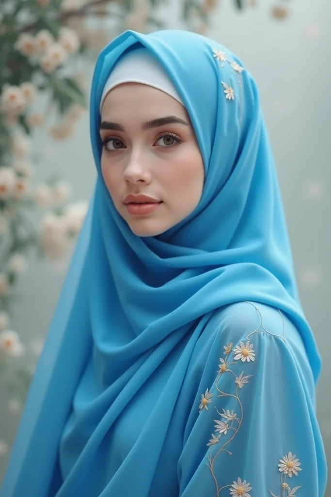 A girl who is shy, beautiful, calm, smile, cute, kind, skin, white, dark blue eyes mixed with light blue, wears a blue hijab, wears a long blue hijab, Her hair is visible, Has no chest, is a Muslim, Wearing loose blue clothes, Magnificent mosque background