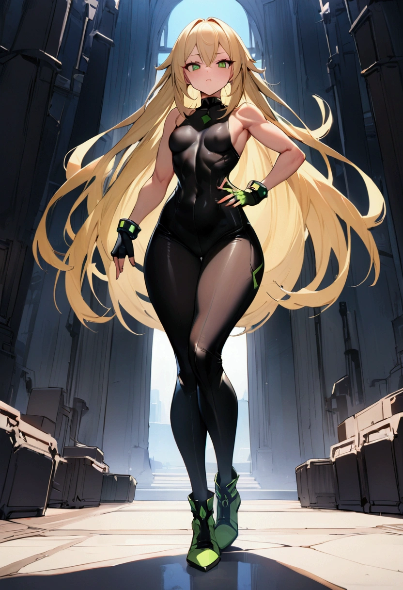 1girl, green eyes, blonde hair, long hair, large breasts, hourglass figure, bodysuit, white bodysuit, neon, neon trim, machinery, tech, science-fiction, futuristic, serious, standing, full body, ((full body)),, pantyhose, black pantyhose, wavy hair, fighting stance, drone, robot girl, sneakers