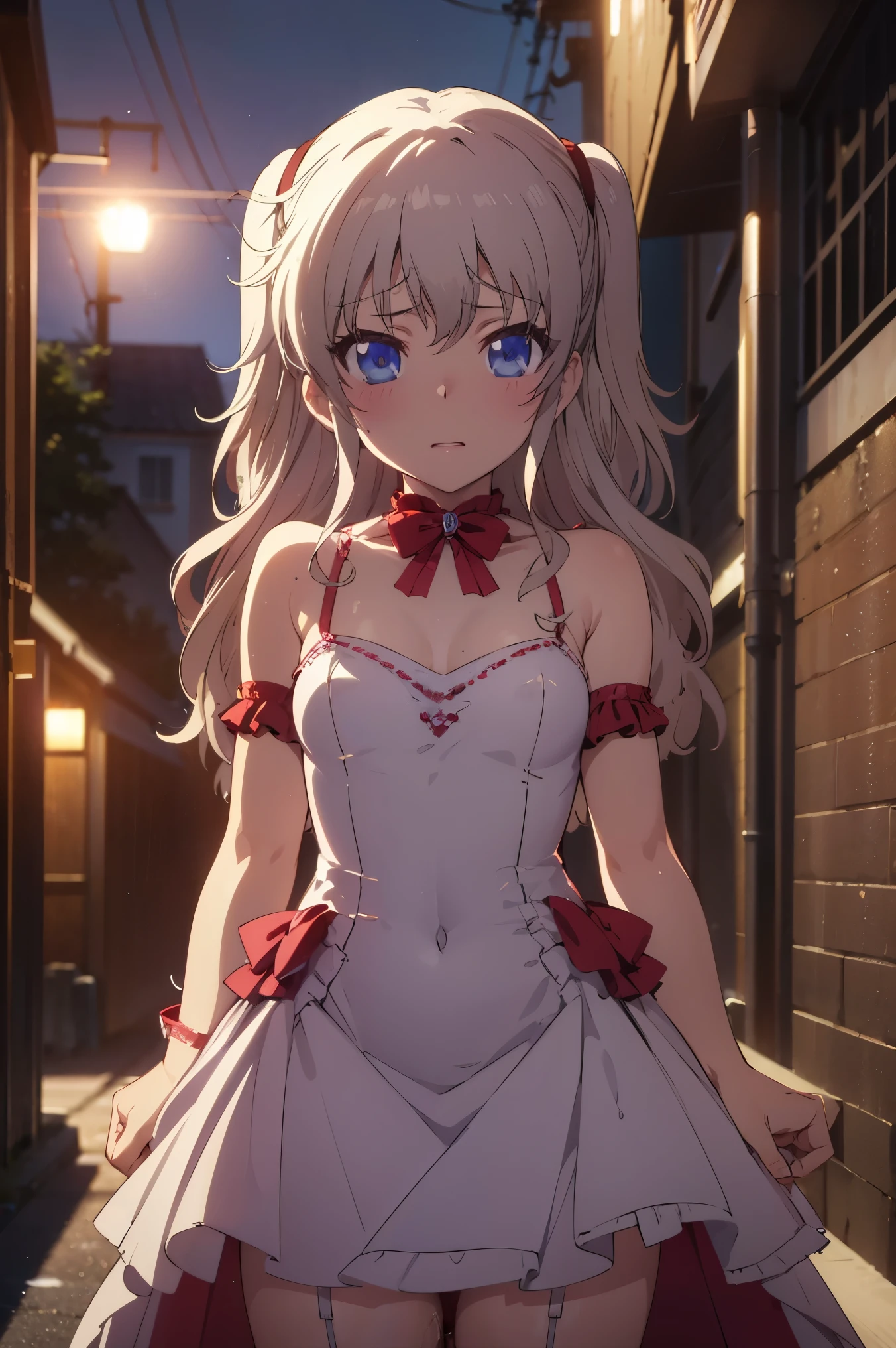 NSFW,masterpiece, top quality, high definition , very detailed,Nao Tomori,Nightlife, NEON STREET ,Back Alley,(Sex slave:1.5),( evening dress:1.5),Chest cut-in, Mini Skirt,Embarrassed,blush