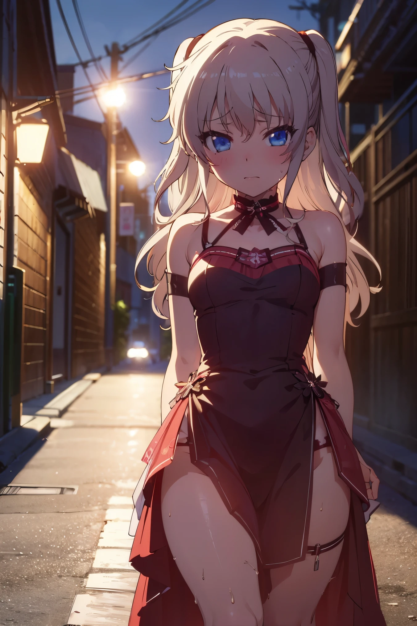 NSFW,masterpiece, top quality, high definition , very detailed,Nao Tomori,Nightlife, NEON STREET ,Back Alley,(Sex slave:1.5),( evening dress:1.5), cut-in, Mini Skirt,Embarrassed,blush
