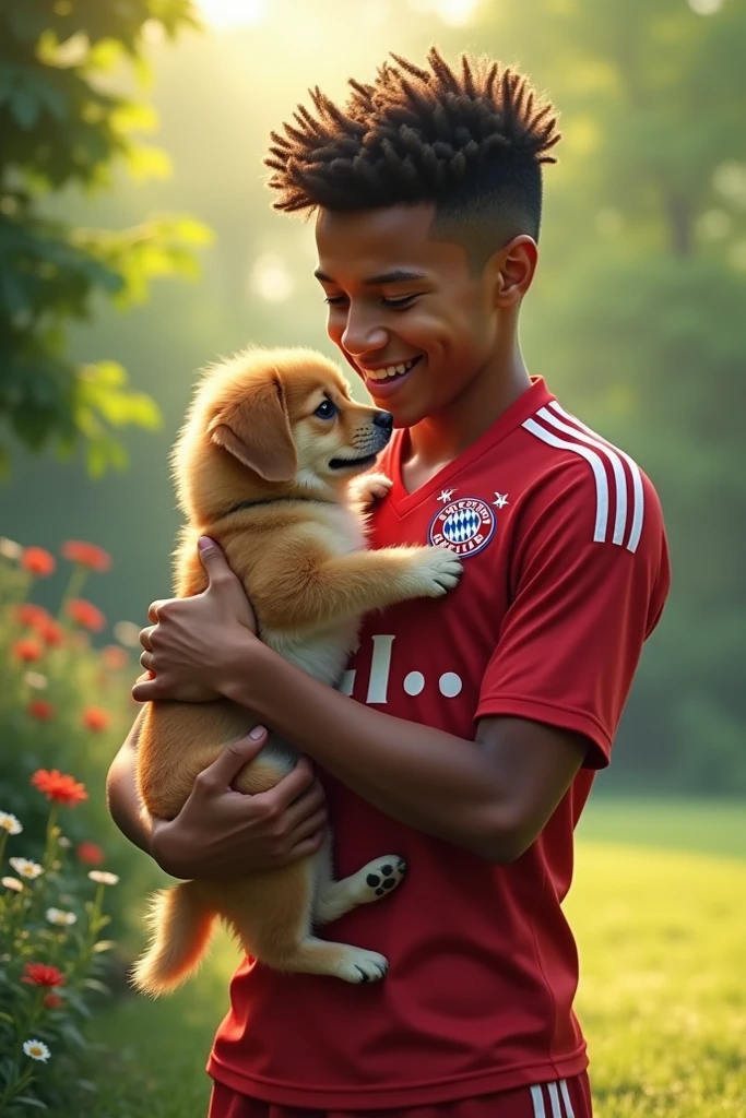 Boy with brown beard, short curly mohawk hair with soccer team uniform, and a white curly hair brown language with glasses
