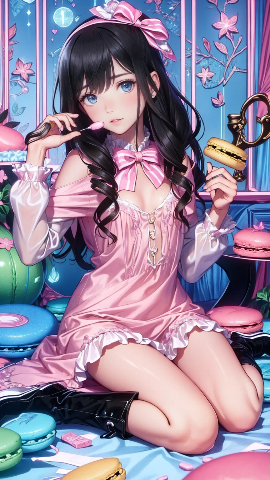(Masterpiece, best quality:1.3), highly detailed, fantasy, 8k, candyland, dynamic,solo, 2d, faux traditional media, illustration, candy print, updo, curls, pose, beautiful girl, head tilt, sitting, in container, long hair, curls, looking at viewer, naughty face,  (detailed eyes, detailed face), (candy clothing:1.1), frilled skirt, center frills, heels, (shiny),  (details), perfect, beautiful, dreamy, heart, colorful, vivid, cinematic, pinup:0.2, ultra-detailed, full background, [hyperrealistic:0.2], perfect hands, fantasy, (depth of field),  rainbow, syrup, cookie, macaron, chocolate bar, glitter, scenery, ((no humans)), drizzle, beautiful, (shiny:1.2), various colors, extremely detailed, (gradients), dripping, (glaze), bloom:0.2, shadow, ((food focus)), focus face, sharp focus, beads,Blunt Bangs, purple eyes, long dark blue hair
