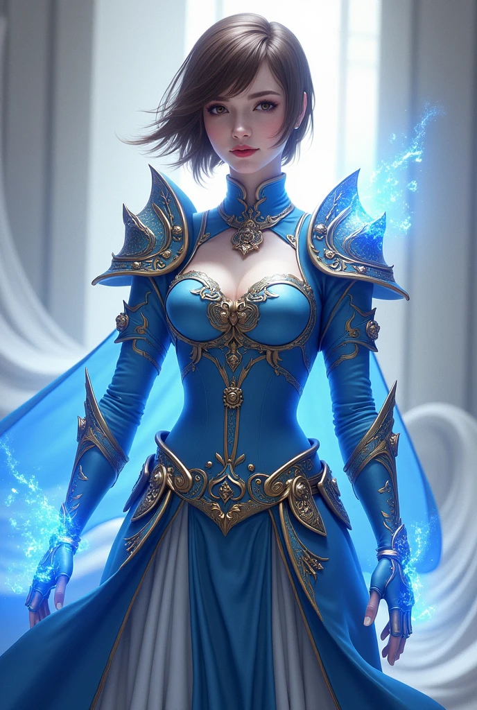 Draw a fantasy mage in elegant, detailed attire, with ornate blue armor and bright white accents. Incorporate sculpted armor pieces adorned with mystical symbols and magical lighting on the hands and shoulders, suggesting magical powers. The character must have short brown hair,
confident posture and determined expression.
The background should be simple, highlighting the character, with soft lighting that accentuates the details of the costume and equipment