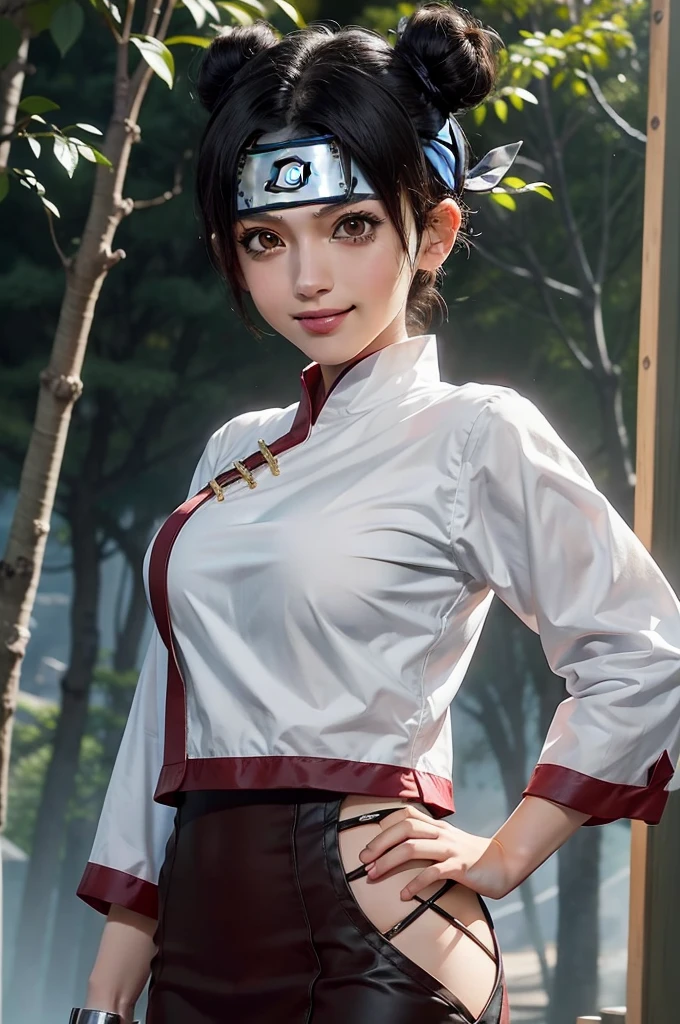 1girl, tenten in anime naruto, short hair, black hair, black eyes, smile, beautiful, sexy dress, sexy clothes, white clothes, very big breast, realistic clothes, detail clothes, outdoor background, ultra detail, realistic, konoha headband, 2K, 