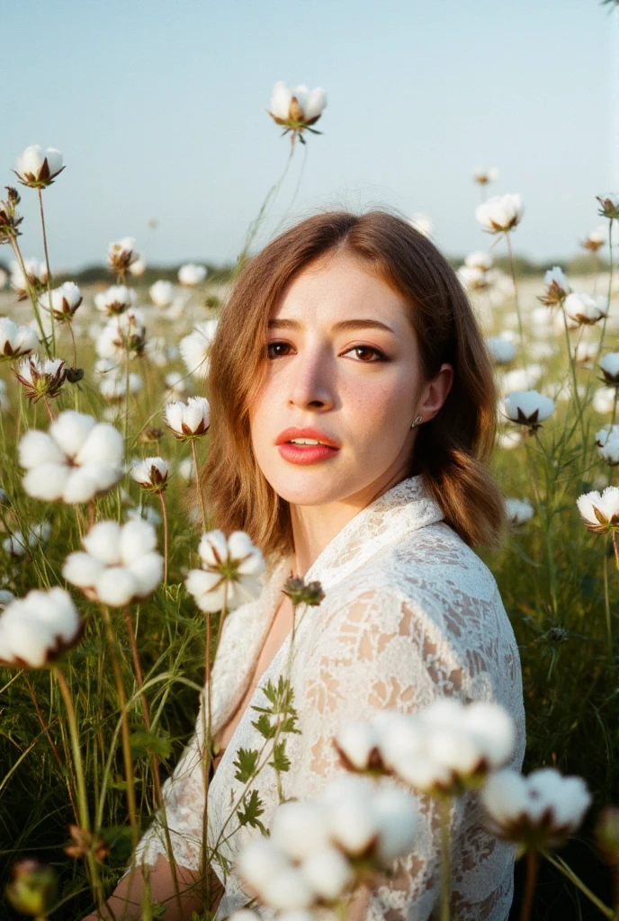 Poetic photo style, shot on mamiya R67 camera film with wide lens, dramatic portrait shot from A pretty young Chrissy with naughty warm expression among the cotton flowers flying around in wild meadow, lace sensual shirt dress, huge breast, beautiful eyes, sensual fashion pose, reality of life, messy bangs hairstyle, windy, in motion blur, summer, dark moody, dramatic sunlight and shadow on her, Kodak cinestill 800 film looks, ultra highly detailed, film bokeh, trending on instagram
