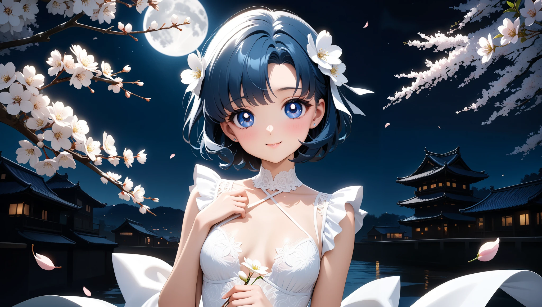 (masterpiece, best quality, very aesthetic , ultra detailed), intriguing details , 4K, various haircut, hair flowers, blue hair, hair combed to the side, blue eyes, 1girl, moon, small breasts, Best quality, masterpiece, High Definition, looking at camera, white cherry blossoms, smile, detailed background, intricate details, black night, white holiday dress, holding flower, various shot, Высокое разрешение