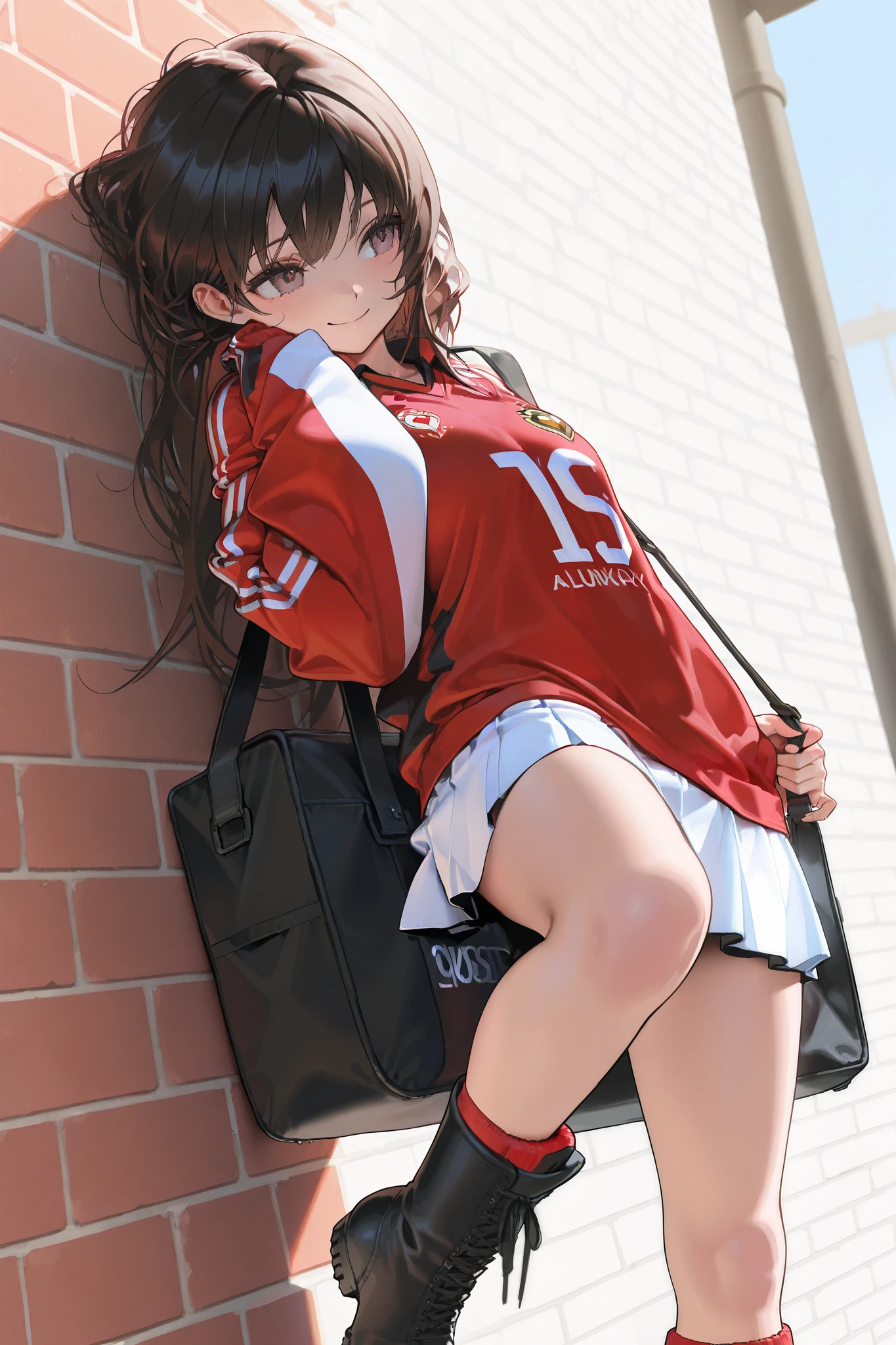 masterpiece,best quality,absurdres,1girl,perfect body,looking side,smile,white zipup boots,red soccer uniform, oversized jersey, white tulle skirt,miniskirt, a luxury brand shoulder bag,stand against the brick wall,full_shot,front view,dynamic_angle,