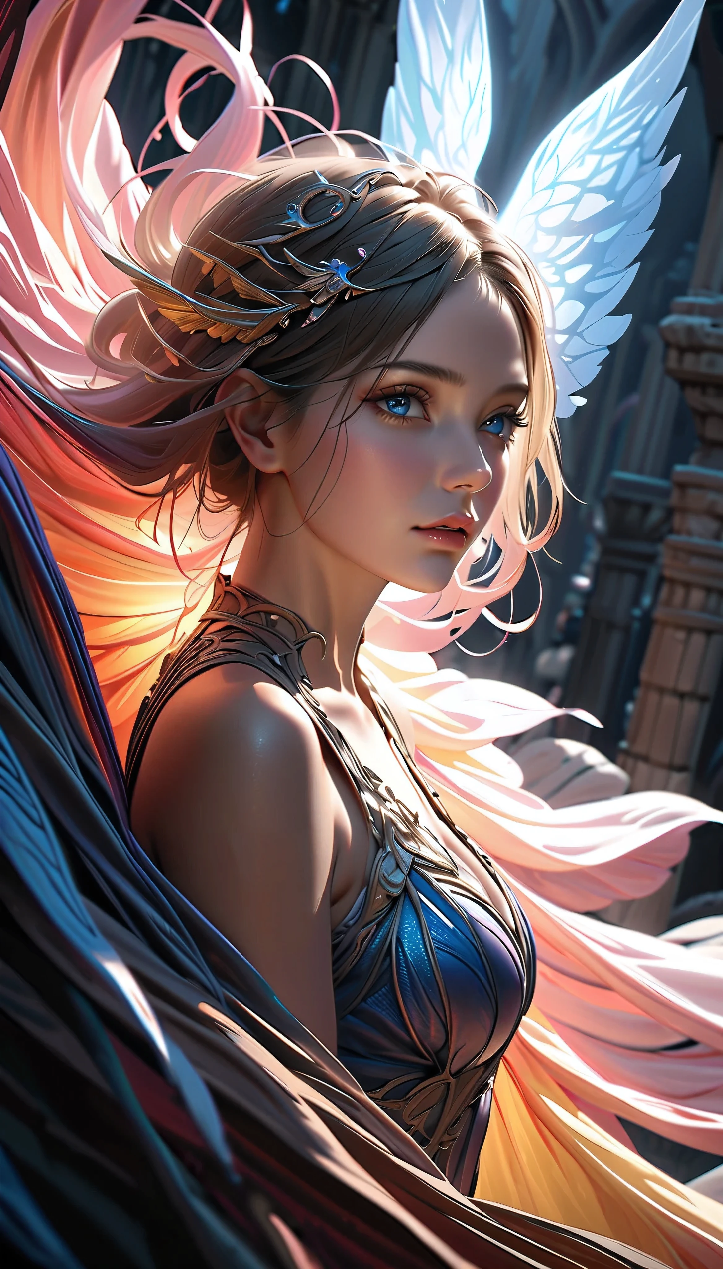 Anime girl with wings and a blue dress in a city - SeaArt AI
