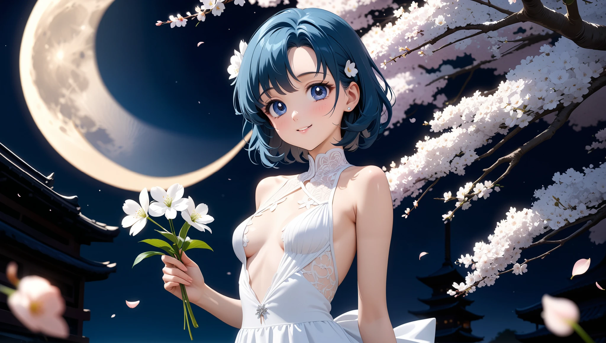 (masterpiece, best quality, very aesthetic , ultra detailed), intriguing details , 4K, various haircut, hair flowers, blue hair, hair combed to the side, blue eyes, 1girl, moon, small breasts, Best quality, masterpiece, High Definition, looking at camera, white cherry blossoms, smile, detailed background, intricate details, black night, white holiday dress, holding flower, various shot, Высокое разрешение