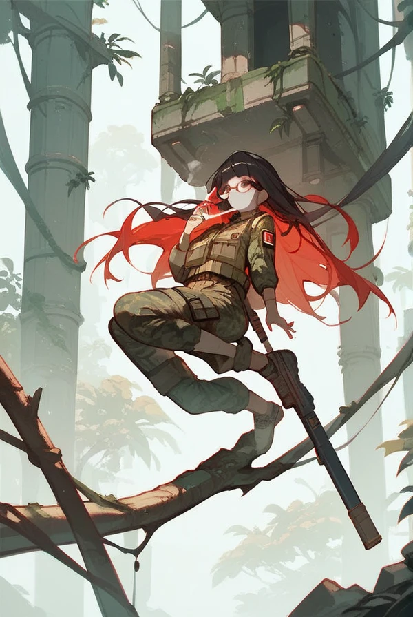   black hair,   long hair, Glasses,  camouflage tight military uniform, Egyptian ruins,  Jungle, Smoking  ,Illustration,Red Hair, white skin,Monotony