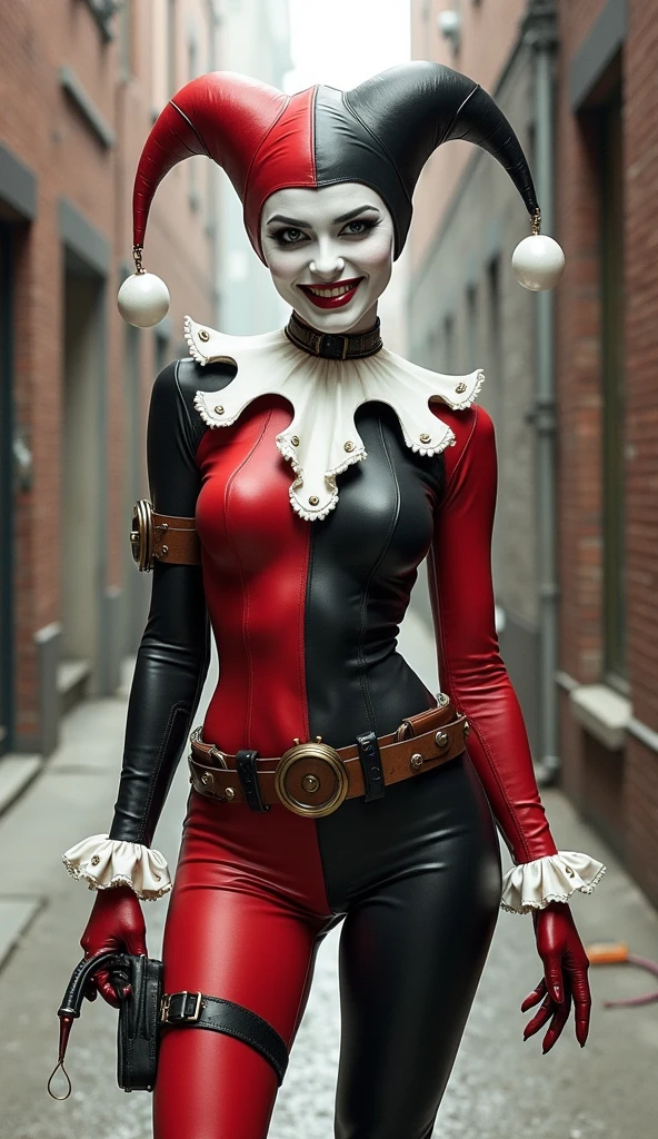 photography, bokeh, highres, ultra detailed, intricate details, absurdres, masterpiece, 1girl, bodysuit, domino mask, gloves, jester cap, parody, lipstick, detailed background, hq1992,  