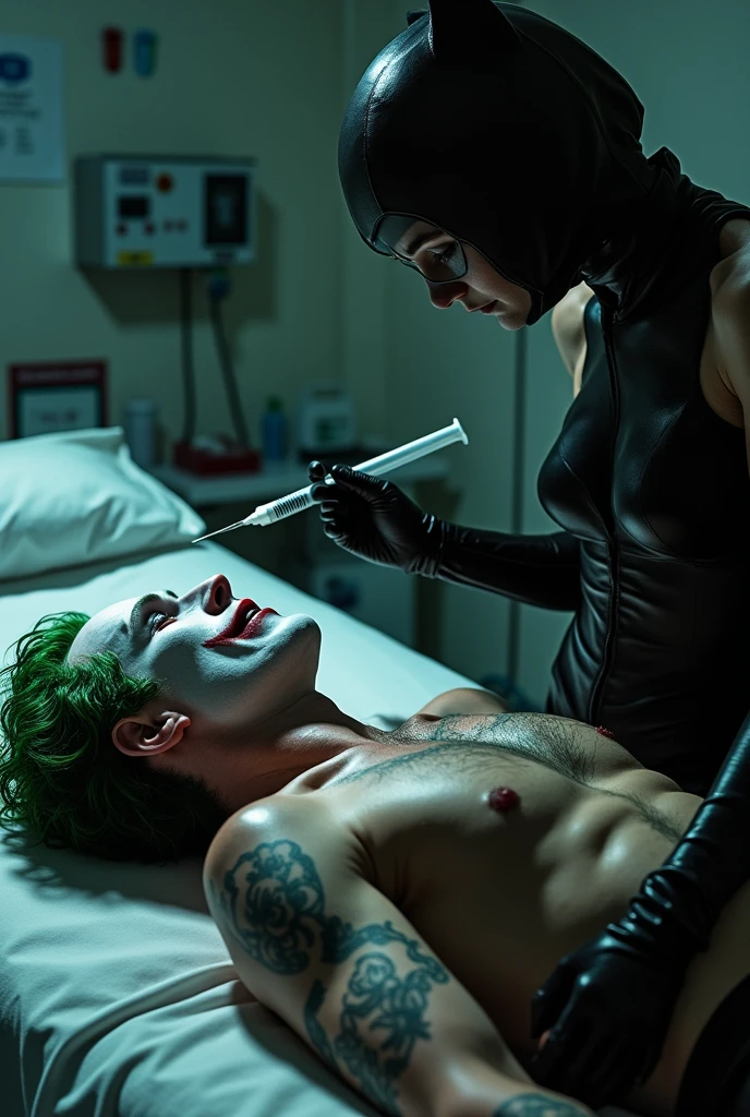 Cinematic image of busty, curvey Harley Quinn, large breast, tattoed, with prescription glasses and an open white doctor's coat, black lingerie, stockings and suspenders, she is stood next to joker lying in a hospital bed . legs spread, and is wearing high heels