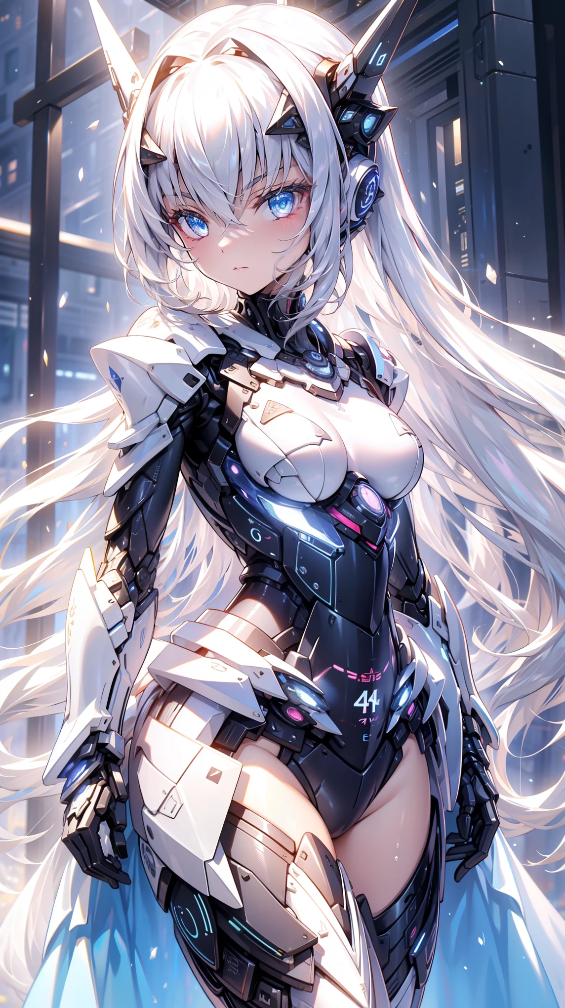 (   is the best quality,4K,8K,   high resolution, masterpiece :1.2),     super detailed    ,  girl ，Holy，(   silver white hair   )，   blue eyes   ，obsessed，  graceful standing，玩得  happy  ，in love，  cute cloth   ， Exquisite clothing，pattern，Swimsuit，  happy  ， Sci-fi city ，  Unique  ，Small amount of armor ， confrontation ，rain，  sci-fi combat suit  