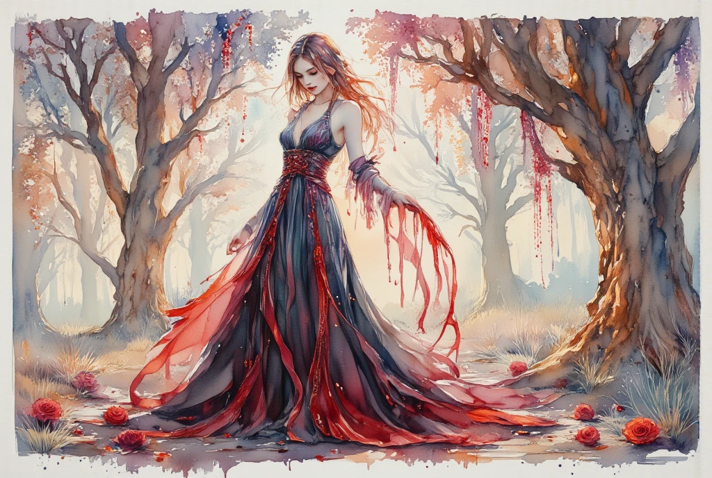 Ink and watercolor illustration on parchment. In the midst of a fantasy realm, in the style of Albrecht Durer, a (mysterious (female (vampire))), holding a red rose. lacy gothic aesthetic. contemplative.  red and black.