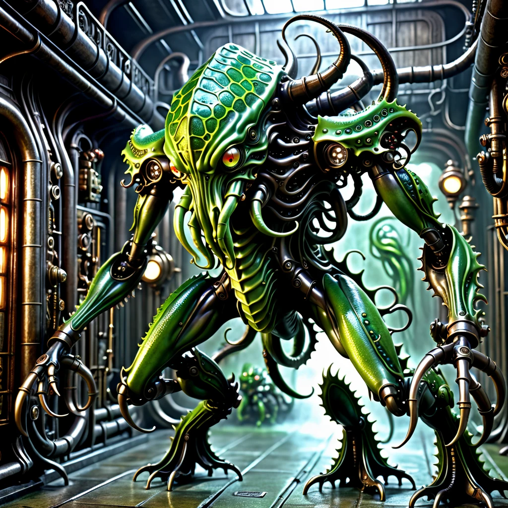 3D renderings, full body images, action figures, evil villains, demonic creatures and machines organically combined, terrifying figures that combine Cthulhu monsters with steampunk mechs and H.R. Giger's biomechanical designs, slimy and creepy, poisonous frog-like, vividly colored bodies, ultra-high definition photographs, full color, digital images.