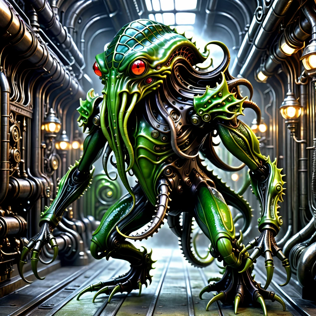 3D renderings, full body images, action figures, evil villains, demonic creatures and machines organically combined, terrifying figures that combine Cthulhu monsters with steampunk mechs and H.R. Giger's biomechanical designs, slimy and creepy, poisonous frog-like, vividly colored bodies, ultra-high definition photographs, full color, digital images.