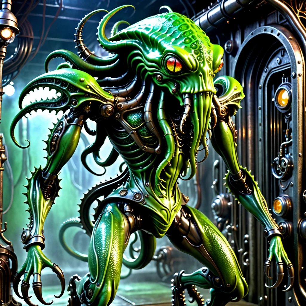 3D renderings, full body images, action figures, evil villains, demonic creatures and machines organically combined, terrifying figures that combine Cthulhu monsters with steampunk mechs and H.R. Giger's biomechanical designs, slimy and creepy, poisonous frog-like, vividly colored bodies, ultra-high definition photographs, full color, digital images.