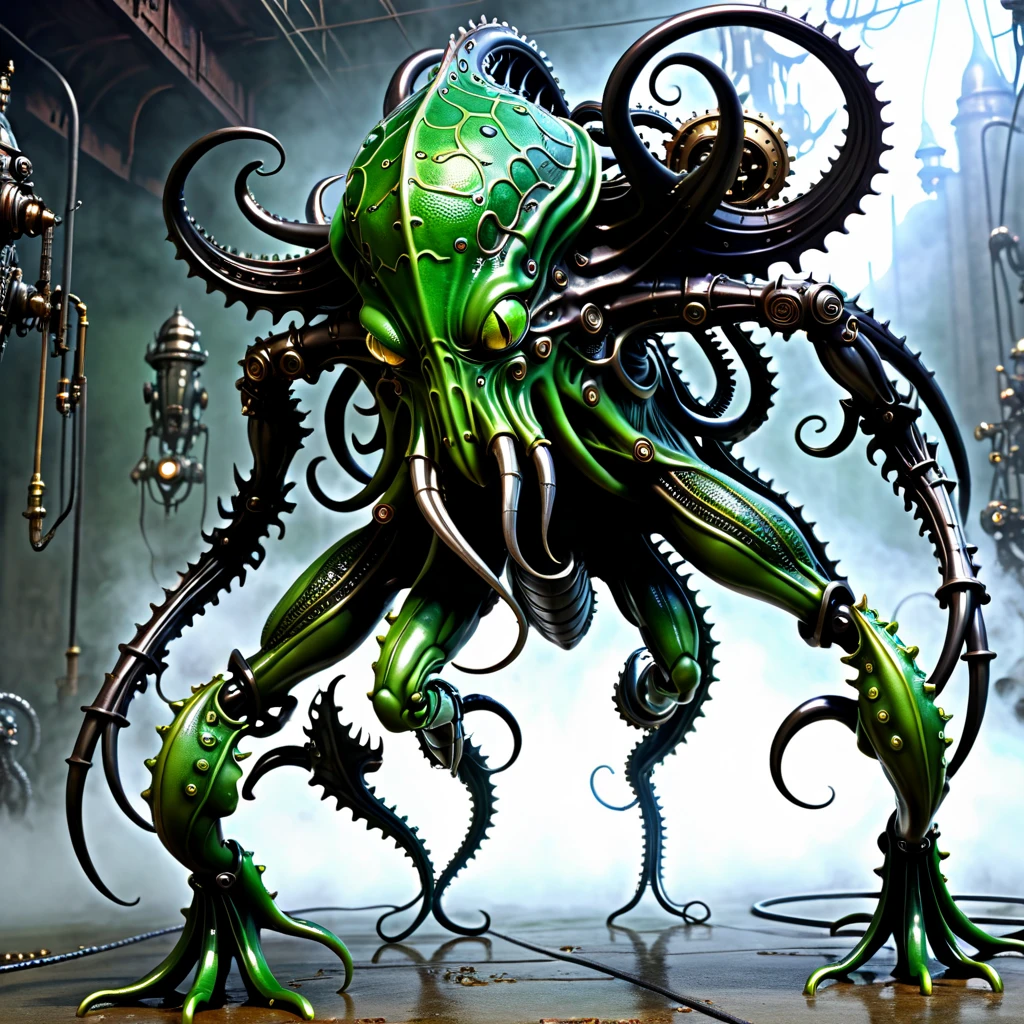 3D renderings, full body images, action figures, evil villains, demonic creatures and machines organically combined, terrifying figures that combine Cthulhu monsters with steampunk mechs and H.R. Giger's biomechanical designs, slimy and creepy, poisonous frog-like, vividly colored bodies, ultra-high definition photographs, full color, digital images.