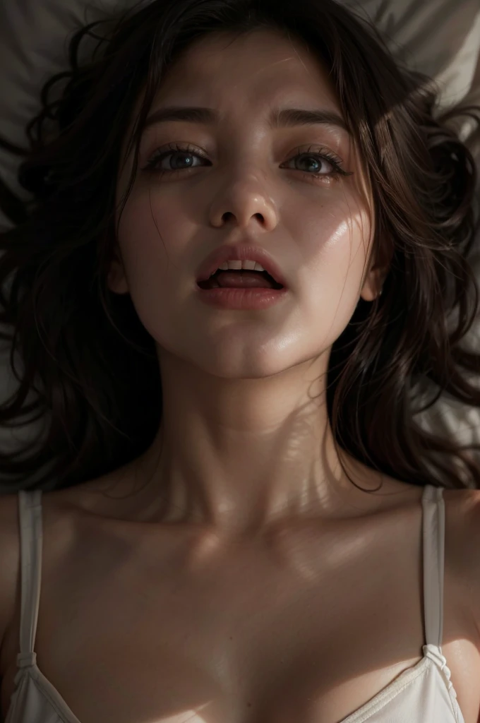 arafed woman in a white bra top laying on a bed, 8 k sensual lighting, mouth open, with mouth open, closeup. mouth open, mouth slightly open, luscious lips, photorealistic cgi, extremely close shot, sexy lips, soft lulling tongue, beautiful photorealistic imagery, mouth wide open, slightly open mouth, hyperrealistic cgi