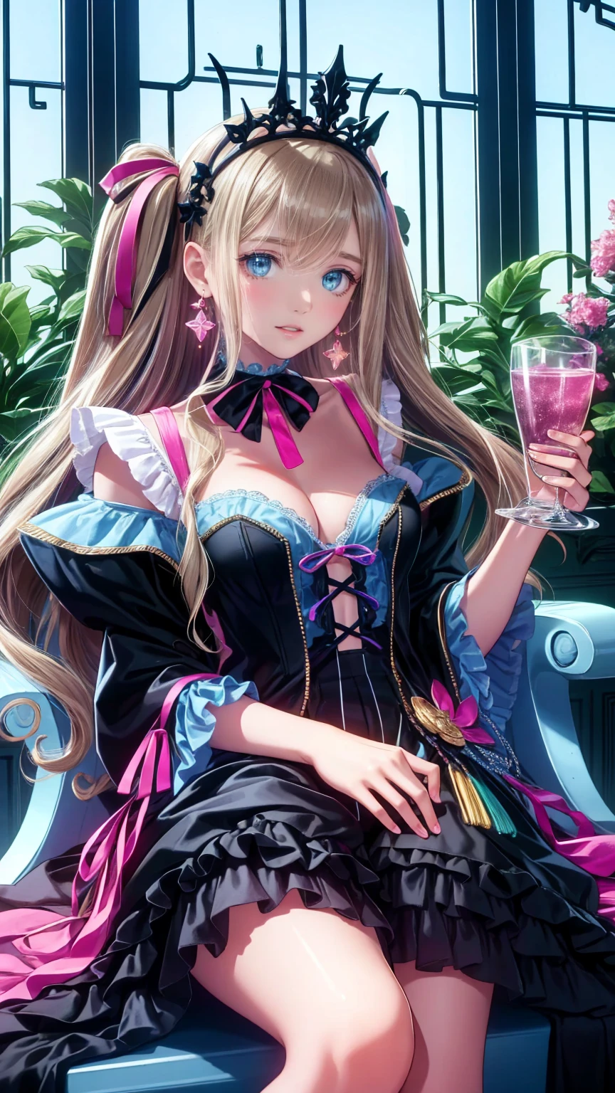 (8k,  top quality,   Masterpiece  : 1.2),   Ultra High Definition ,,  Marie Antoinette ,  super detailed face ,fine grain,  please open your mouth slightly  ,( blonde alone), long hair,  bangs wave, break,Rococo Ruffle Dress,Long sleeve dress,  dress for lying on a wooden boat has a long skirt ,  Baroque Dress  ,   intricate fantasy dress  , Luxurious and glamorous dress ,   romantic dress, Frilled outfit  ,lottery, Data Style, Formal Wear, Fancy Fashion, palate colors include  pink and white,( pink:1.5),Class A Smile,Gold Tiara,   Necklaces  ,Sit in a luxurious chair,   You Need to Touch Your Hands   ,(  rainbow light  :1.4),,  the side face of a person looking out of the window  , Rosebush is reflected in the window  ,(Inside Victoria Palace)、Her eyes are shining、今彼女の blonde aloneの髪は腰まで伸びている、Rose-colored gradation and three, 薄い pinkのロック. 彼女は花柄の装飾が施されたGold Tiaraを着用し、  Matching earrings    , white flower choker. 彼女は金色のボタンで縁取られたフリル付きの白いストライプの pinkのトップを着ている, The white sleeves are in the shape of a bud  ..   with a magenta ribbon flowing out of her chest  ..、 tied at the back of her neck 、Matching chest piece, Decorated with flowers.  Her ruffled skirt is separated by a white line,  fastened with a large magenta ribbon 、Decorated with gold,   There is a small ribbon on the back  . Her mini skirt、薄い pinkのマゼンタの貝殻状の裏地と白い花のペチコートでできている. 彼女は pinkの花がついた白い手袋も着用している, 白と薄い pinkの靴には、ゆるいカフとDecorated with flowersたマゼンタのリボンがある.
