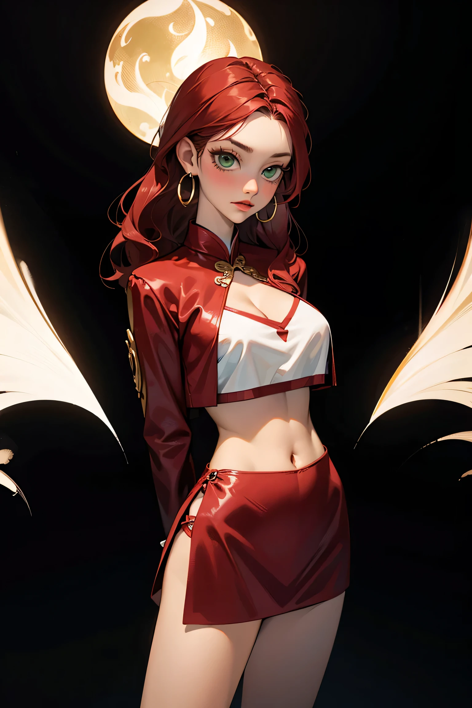 Surreal and cinematic picture of a young asian, slim fit young teen girl, round face, full crimson lips, super slim waist, extremly long skinny legs, navel percing, big gold ear ring, blushing cheeks, very long straight dark ruby red hair, pale white skin, big green eyes, ulzzang, long eyelashes, wearing a tight, long-sleeved, crimson velvet crop top, crimson velvet mini skirt, black background, (arms behind back), cleavage, underboob, big breasts, 