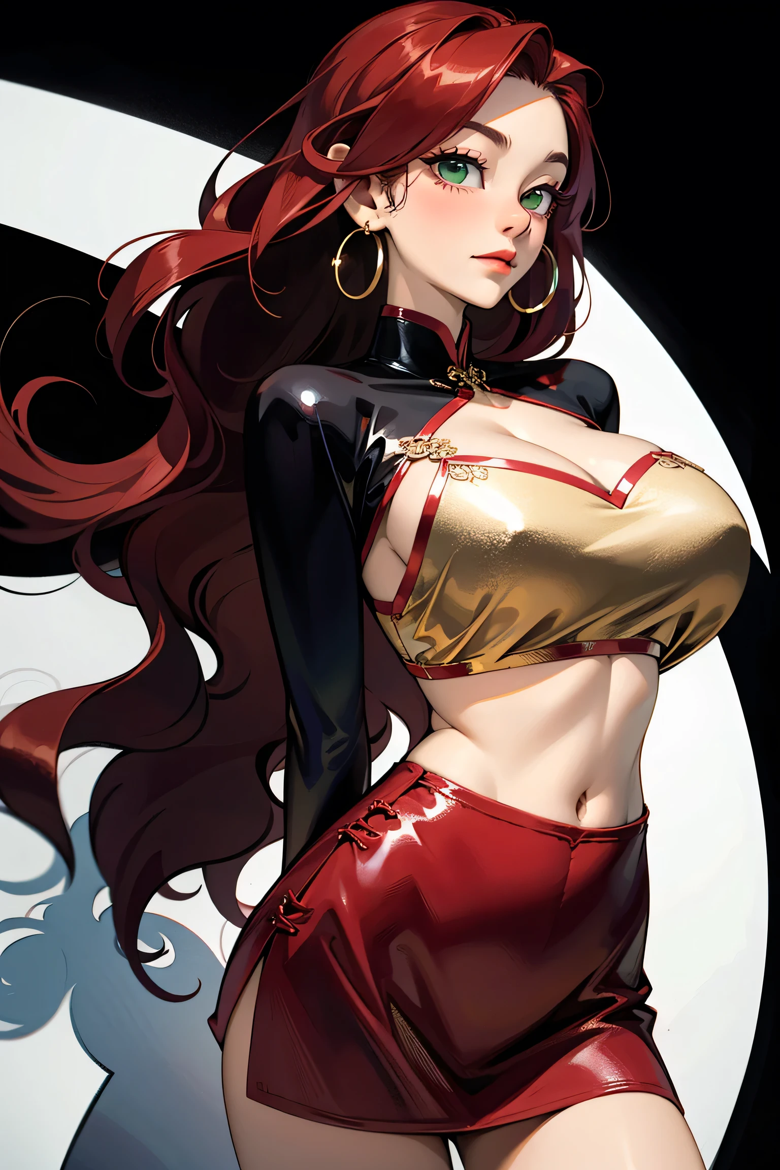 Surreal and cinematic picture of a young asian, slim fit young teen girl, round face, full crimson lips, super slim waist, extremly long skinny legs, navel percing, big gold ear ring, blushing cheeks, very long straight dark ruby red hair, pale white skin, big green eyes, ulzzang, long eyelashes, wearing a tight, long-sleeved, crimson velvet crop top, crimson velvet mini skirt, black background, (arms behind back), cleavage, underboob, big breasts, 