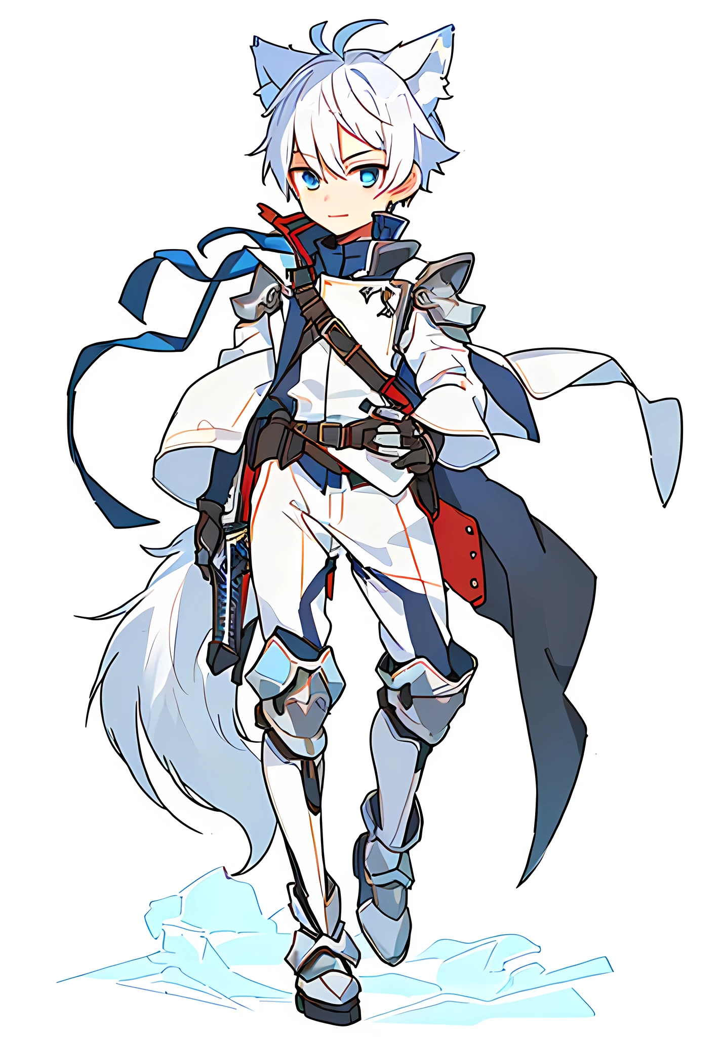 Game CG, 8K quality ,((ONE boy)),hood , anime male protagonist , Wolf Ear,Tail,Handsome Face ,head mounted display, Silver White and Sky Blue Dye,Full Body Mechanical Armor,Jumpsuit,Mechanical gloves, mechanical combat boots ,Full body portrait, No Background ,Mechanical Sword