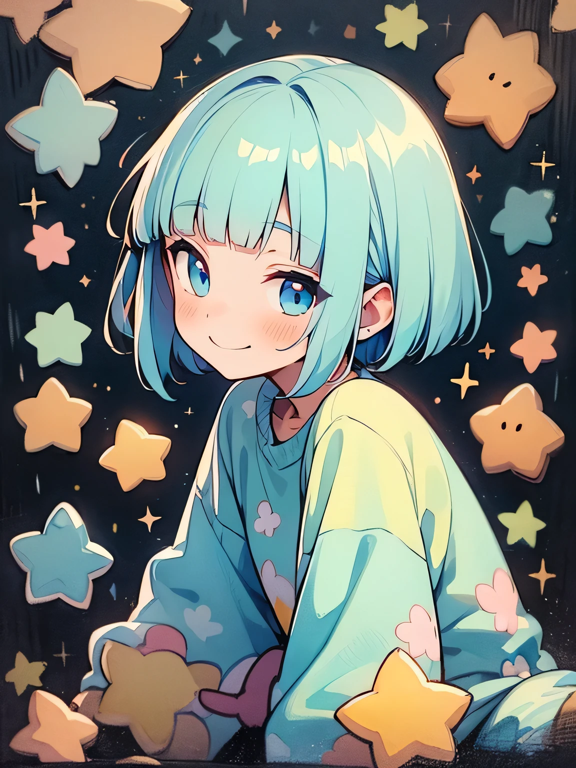 （In 8K, best quality, muste piece:1.2)、ultra high resolution,1 girl,ultra-detailed face,detailed eyes, (((Rainbow Hair)))、short hair,blunt bangs,BREAK,white baby doll pajamas,cinema lighting,lying on the bed,smile,legs dynamic pose,Cute room with stuffed animals