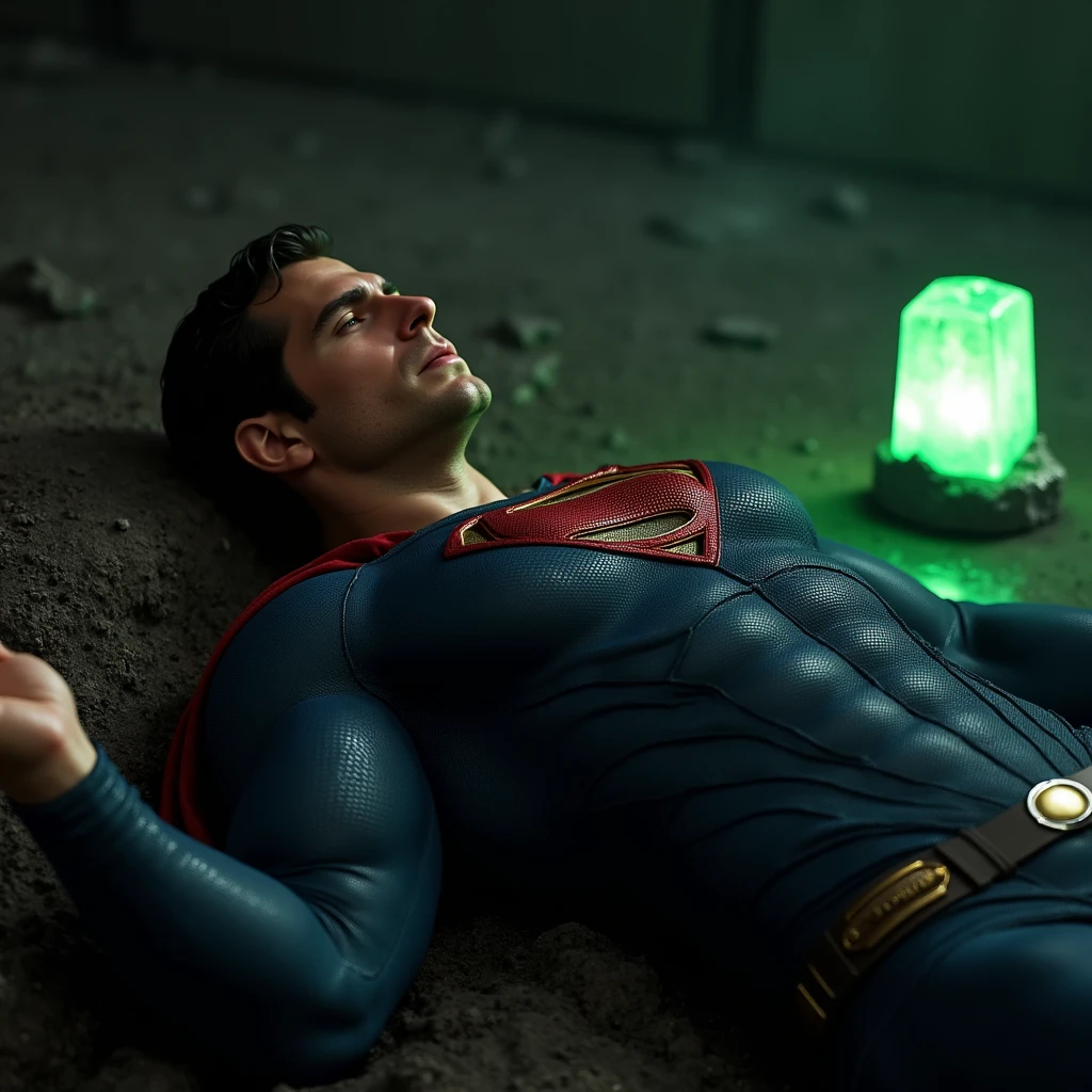 A muscular attractive h3nr4, Henry Cavil with Short stubble, strong physique, muscular thighs, wetclothes, dressed in tight blue Superman suit, is captured lying on the floor. pained expression, his eyes are closed, suggesting he is unconscious or incapacitated. He has an outstretched arm. Near him is a glowing green crystal, probably kryptonite, that emits a bright light.