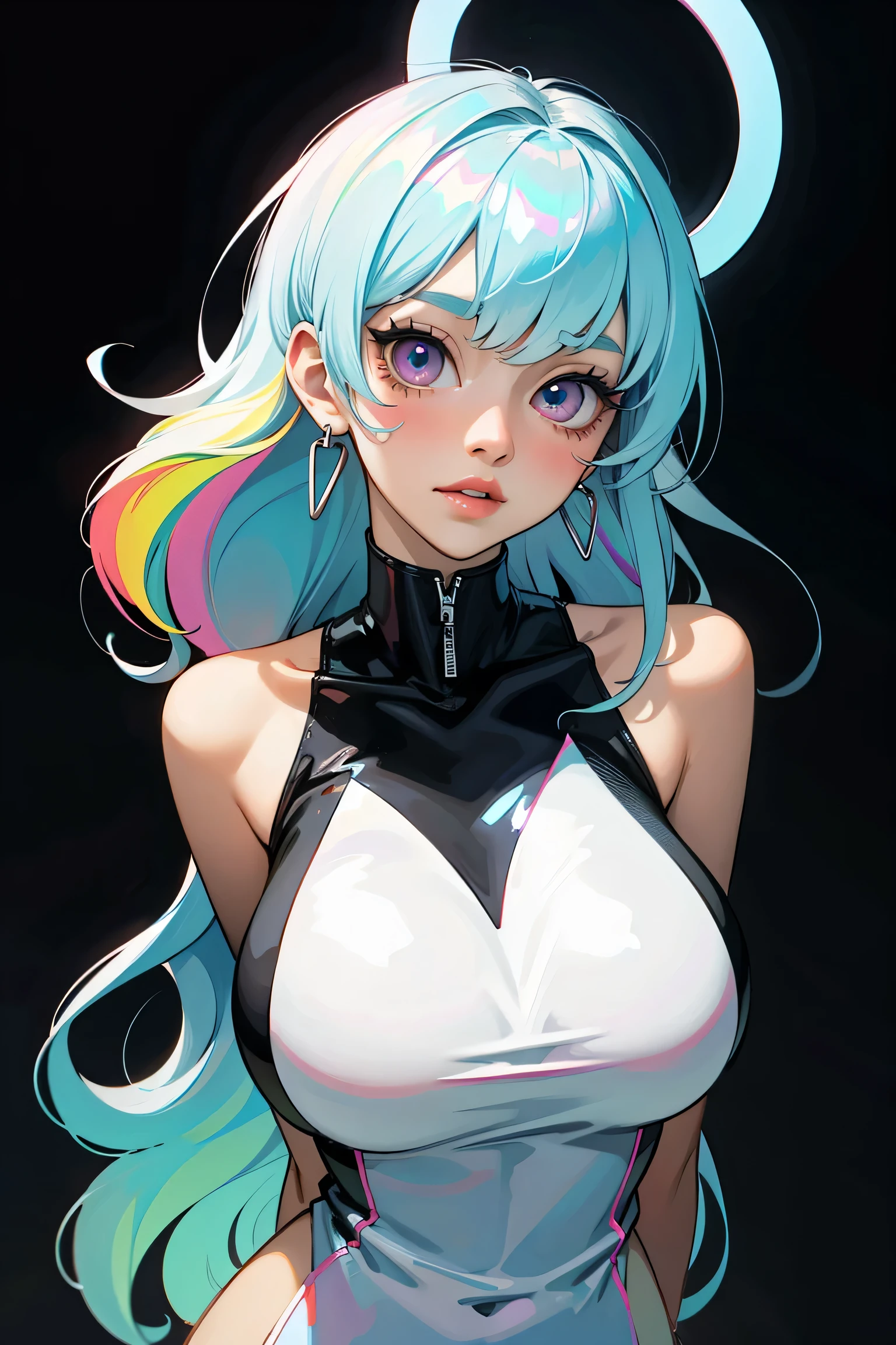 asian high school girl, rainbow hair, bangs, with colorful eyes and huge eyelashes, Lewd, horny, huge breasts, edgy graphic design with a multi neon colored palette, (sexy pose), seducing camera, big black eyes, ulzzang, portrait, (anime), manga, sexy, irridescent rainbow Latex, 8ｋ,Highest quality,masterpiece, Sharp focus, solid black background, soft lighting, (arms behind back)
