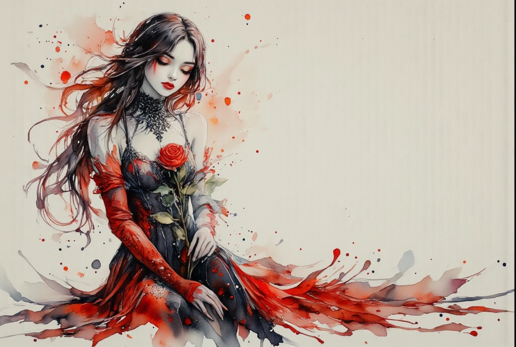 Ink and watercolor illustration on parchment. In the midst of a fantasy realm, in the style of Albrecht Durer, a (mysterious (female (vampire))), holding a red rose. lacy gothic aesthetic. contemplative.  red and black.