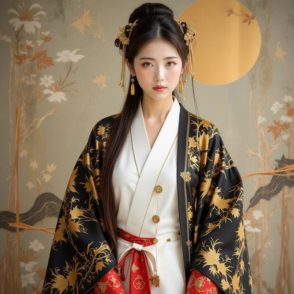 A highly detailed and realistic portrait of an East Asian woman wearing a stunning traditional Japanese-inspired robe. The outfit features a white base layer with a flowing design, layered with an ornate black and gold uchikake robe. The robe is intricately decorated with golden floral patterns, exuding a sense of elegance and regality. Her sleeves are accented with striking red and gold details, creating a harmonious yet exotic color palette. The woman stands gracefully, her expression calm and serene, with subtle makeup emphasizing her delicate features. Her hair is styled in an elaborate traditional updo, adorned with golden hairpins that reflect the ambient light.

The background is textured and reminiscent of traditional Japanese art, featuring muted earth tones and abstract circular patterns, adding depth and a nostalgic atmosphere. Soft, diffused lighting highlights the intricate details of her attire and the textures of the background, creating a balanced composition that feels both timeless and enchanting. The overall scene captures the essence of cultural sophistication and artistic beauty