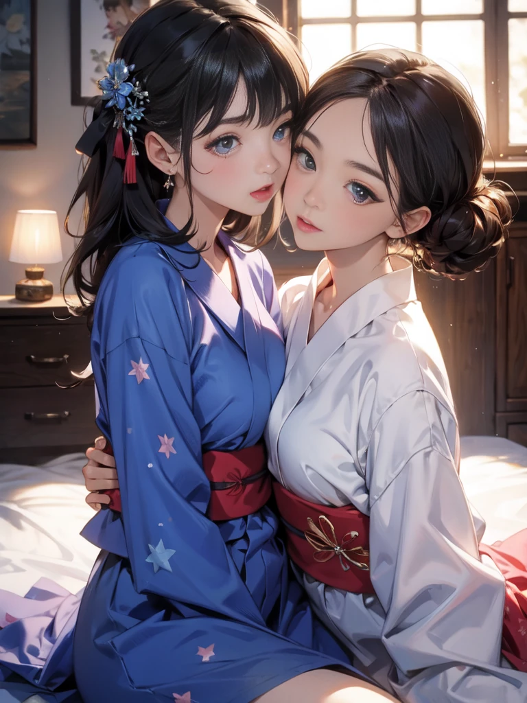 (8 (8k,  top quality,   Masterpiece  :1.2),cute,cute女の子たち,Couple girls, 2 people ，On the stomach{{To kiss，Mesugaki,fantasy_world,{{kissu,On the futon， lie down ，A short yukata， from&#39;Chest through clothes，  beautiful thighs，Gentle caress，  heavy breathing in gang's lair ， white liquid splashed on face ，On the stomachディープ{{kissu，Starry Sky，  knight ，太ももfrom滴り落ちる白い液体