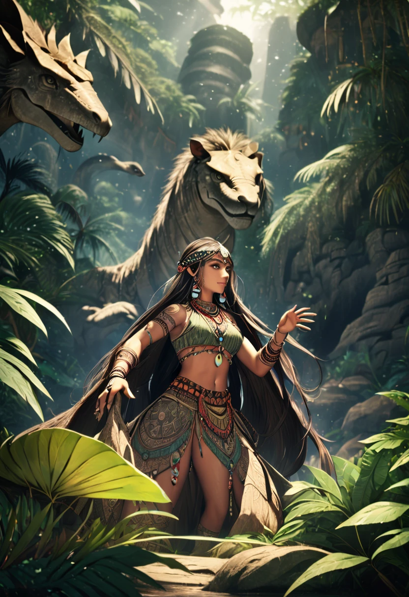 a female elf, detailed face, beautiful eyes, long eyelashes, full lips, tribal jewelry, tribal tattoos, dinosaurs, prehistoric scene, lush jungle environment, ancient ruins, dramatic lighting, vibrant colors, cinematic composition, 8k, high resolution, hyper detailed, Dynamic pose 