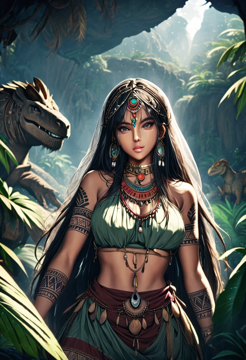 a female elf, detailed face, beautiful eyes, long eyelashes, full lips, tribal jewelry, tribal tattoos, dinosaurs, prehistoric scene, lush jungle environment, ancient ruins, dramatic lighting, vibrant colors, cinematic composition, 8k, high resolution, hyper detailed, Dynamic pose 