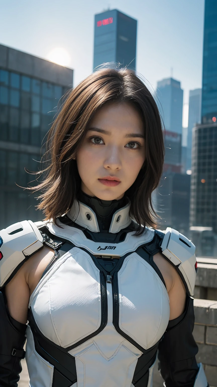 masterpiece, best quality, Surreal, Ultra Detailed, 8K resolution, RAW photos, Clear focus, (1 Girl), Solitary, Beautiful face, Perfect body, Mature female, 25 years old,  portrait, Mecha, White Armor, Nanosuit, Sexy, Messy hair, Movie, Movie light, Dark theme