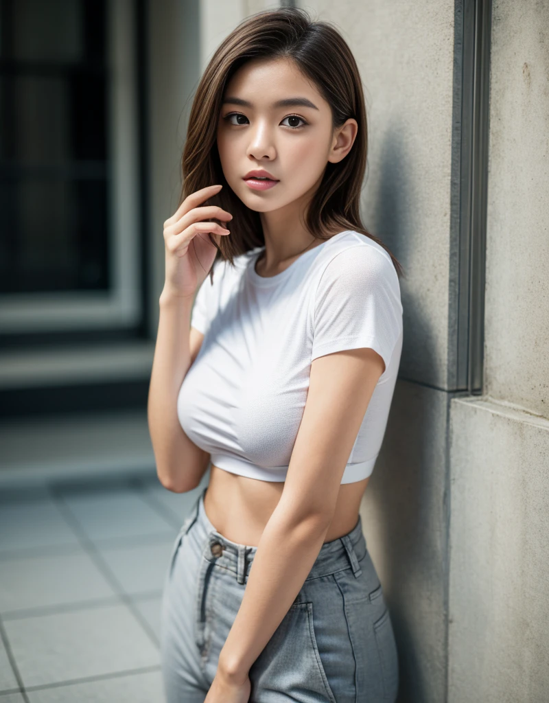 (((Open Stance)))、 ((white lace t-shirt)), Staring at the audience、((White shorts))、Standing with legs open to the sides、((Sexy young woman's body:1.4)),