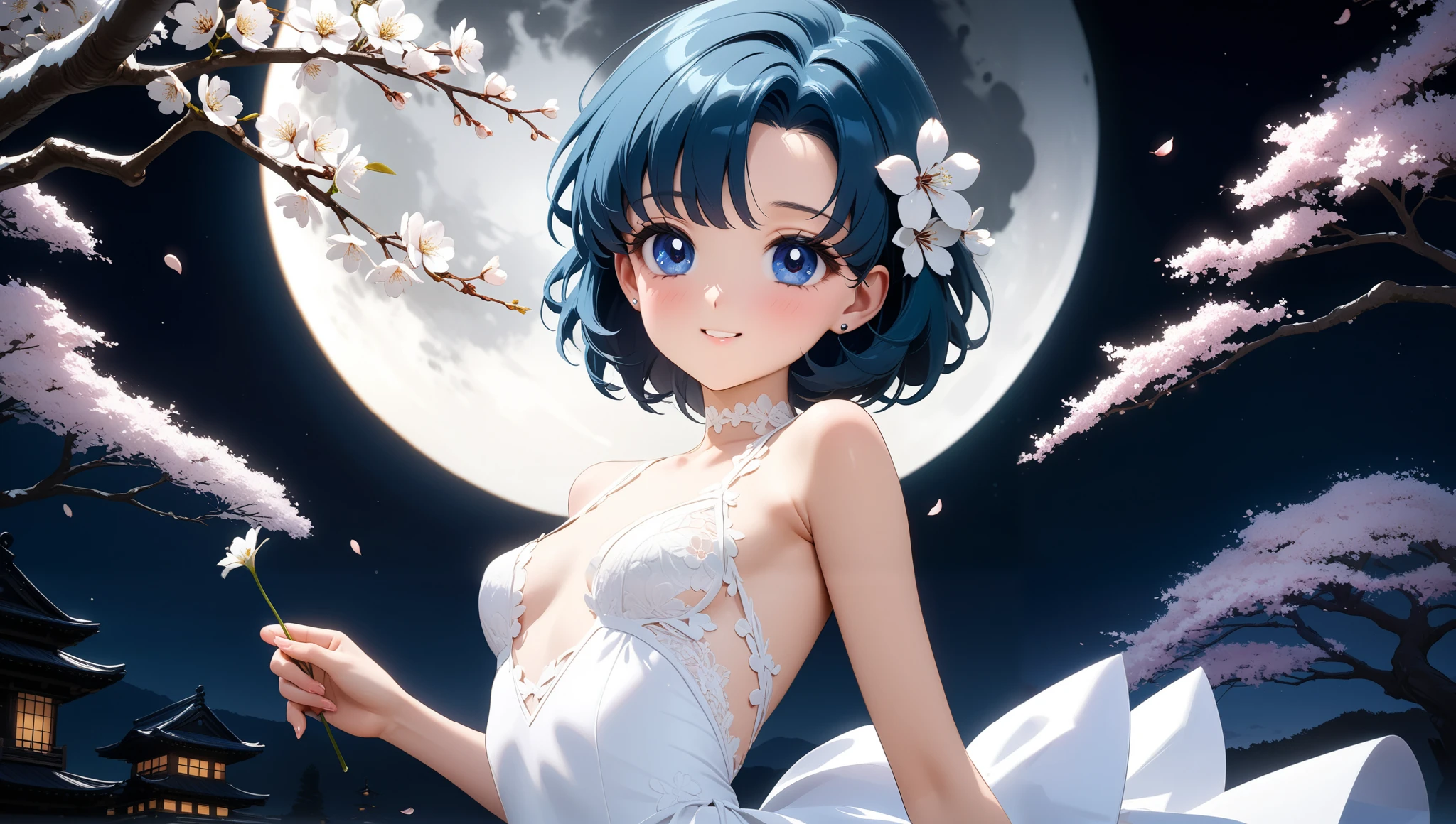 (masterpiece, best quality, very aesthetic , ultra detailed), intriguing details , 4K, various haircut, hair flowers, blue hair, hair combed to the side, blue eyes, 1girl, moon, small breasts, Best quality, masterpiece, High Definition, looking at camera, white cherry blossoms, smile, detailed background, intricate details, black night, white holiday dress, holding flower, various shot, Высокое разрешение
