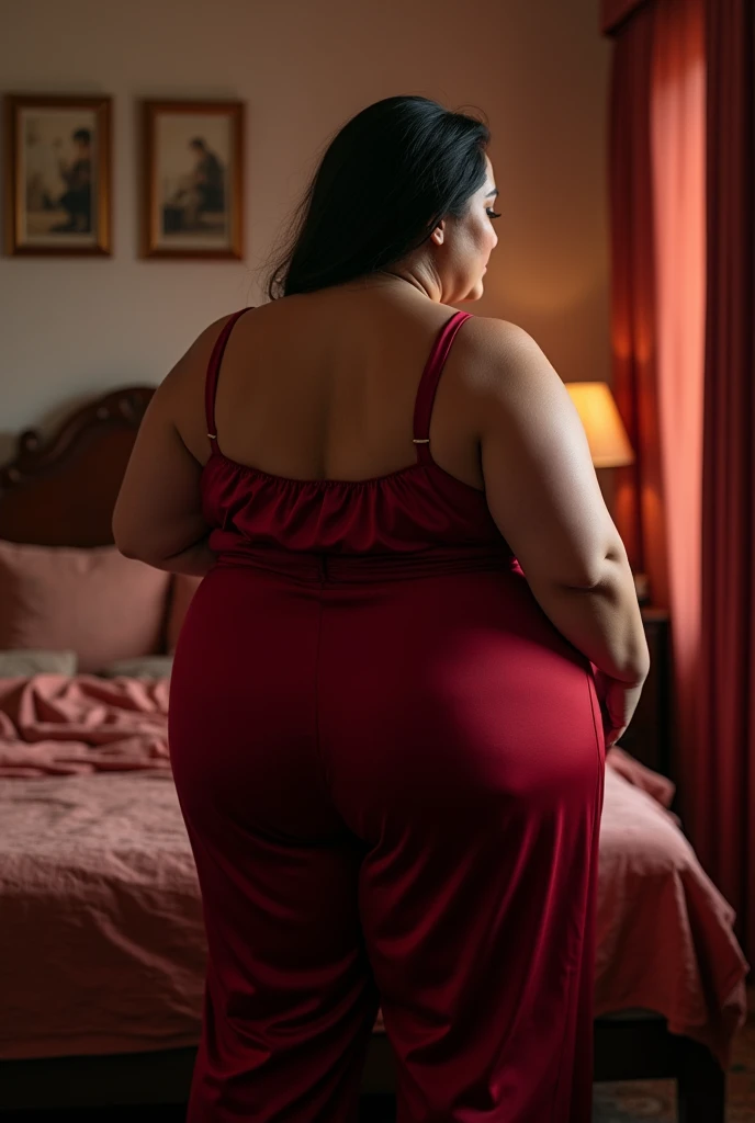 Indian chubby lady wear red nightdress sit on the bed, back view, hotel room, beautiful, real human, real detail,