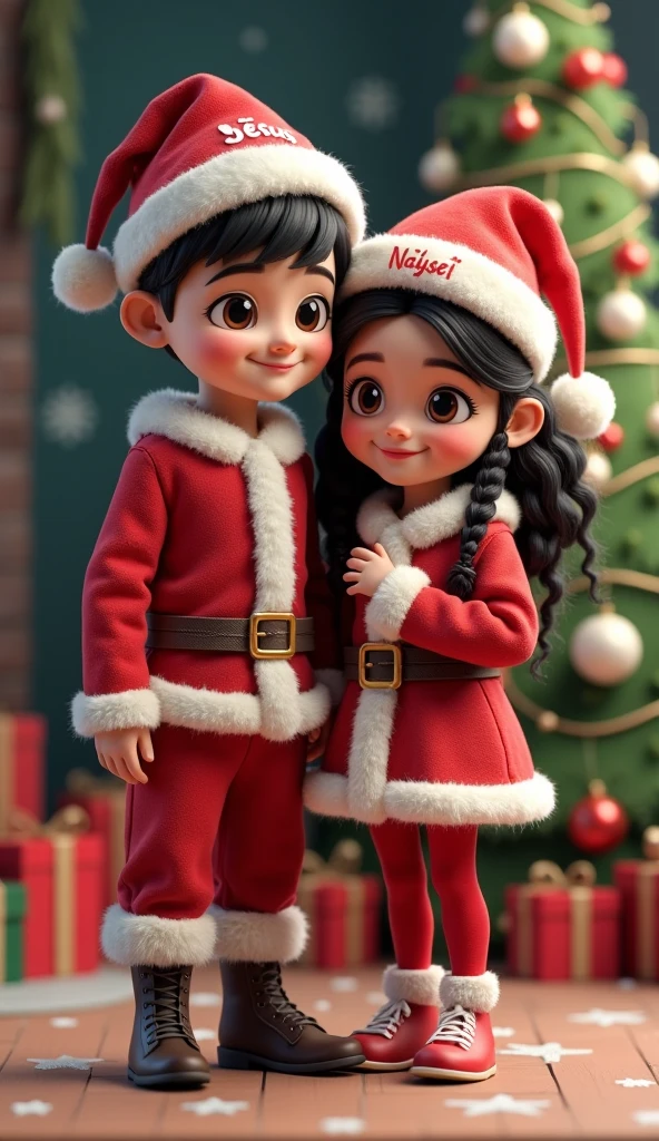 3D render of a couple with the name Jesús and Nayely dressed as Santa Claus, with 3 ren, large girl's name, "Tabata", with transparent glasses, curly black hair, medium boy's name, short black hair, "Damian", girl girl name, black hair with braids, "Danae", standing full body, Christmas themed background, Christmas tree, gifts, snowflakes, name written, in the hat of "Jesus" and in his hat, "Nayely",