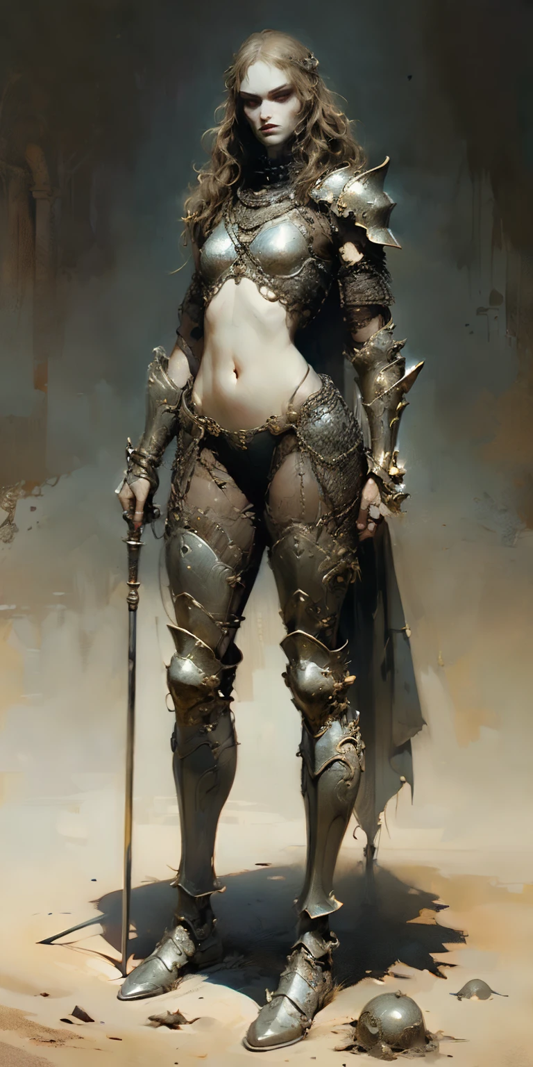 European woman, (((wide hips))), 8k, absurd res, ((wide eyes)), flawless face, 1girl, natural body, ((super wide hips)), full body image, solo, masterpiece, highly detailed, flawless eyes, expressive detailed eyes, pale skin, wide eyed, detailed pupils, realistic skin, some freckles, realistic skin texture, ((small chest)), super detailed skin, analog style, amazing painting, perfect image, 8k, (chin length hair), ((black wavy hair)), (broad hips), ((wearing chainmail and plate armor)), dark moody atmosphere, (full body image), (metal greaves on her feet), (gauntlets), (holding a metal club), ((zoom out, full body and face shot)). full body image, (wearing a helmet), ((no exposed skin)), ((fully covered)), ((armor covering her stomach))