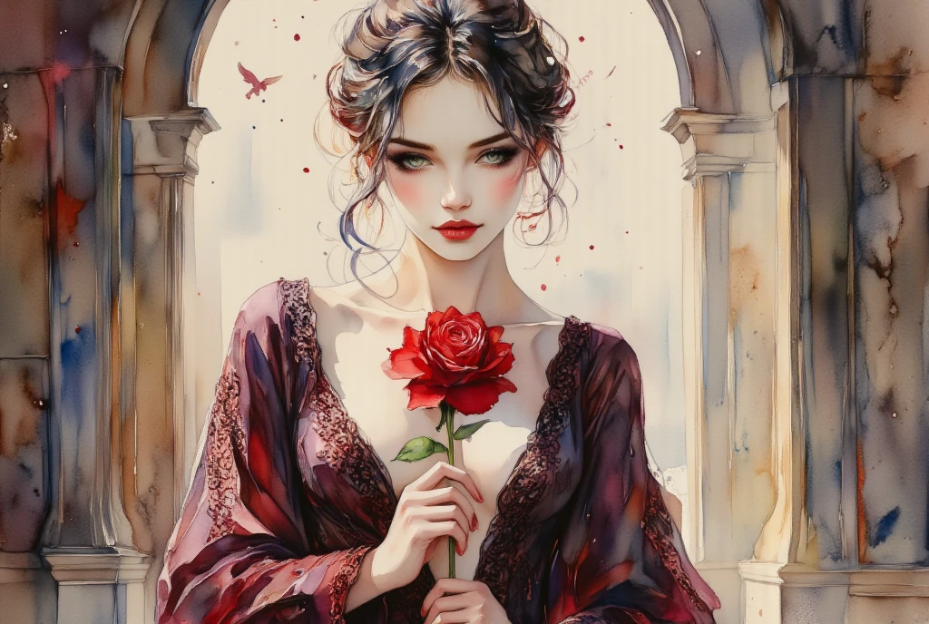 Ink and watercolor illustration on parchment. In the midst of a fantasy realm, a (mysterious (female (vampire))), holding a red rose. lacy gothic aesthetic. contemplative.  red and black.