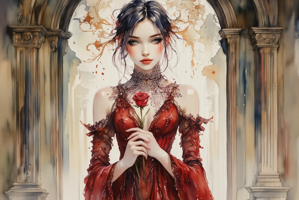 Ink and watercolor illustration on parchment. In the midst of a fantasy realm, a (mysterious (female (vampire))), holding a red rose. lacy gothic aesthetic. contemplative.  red and black.