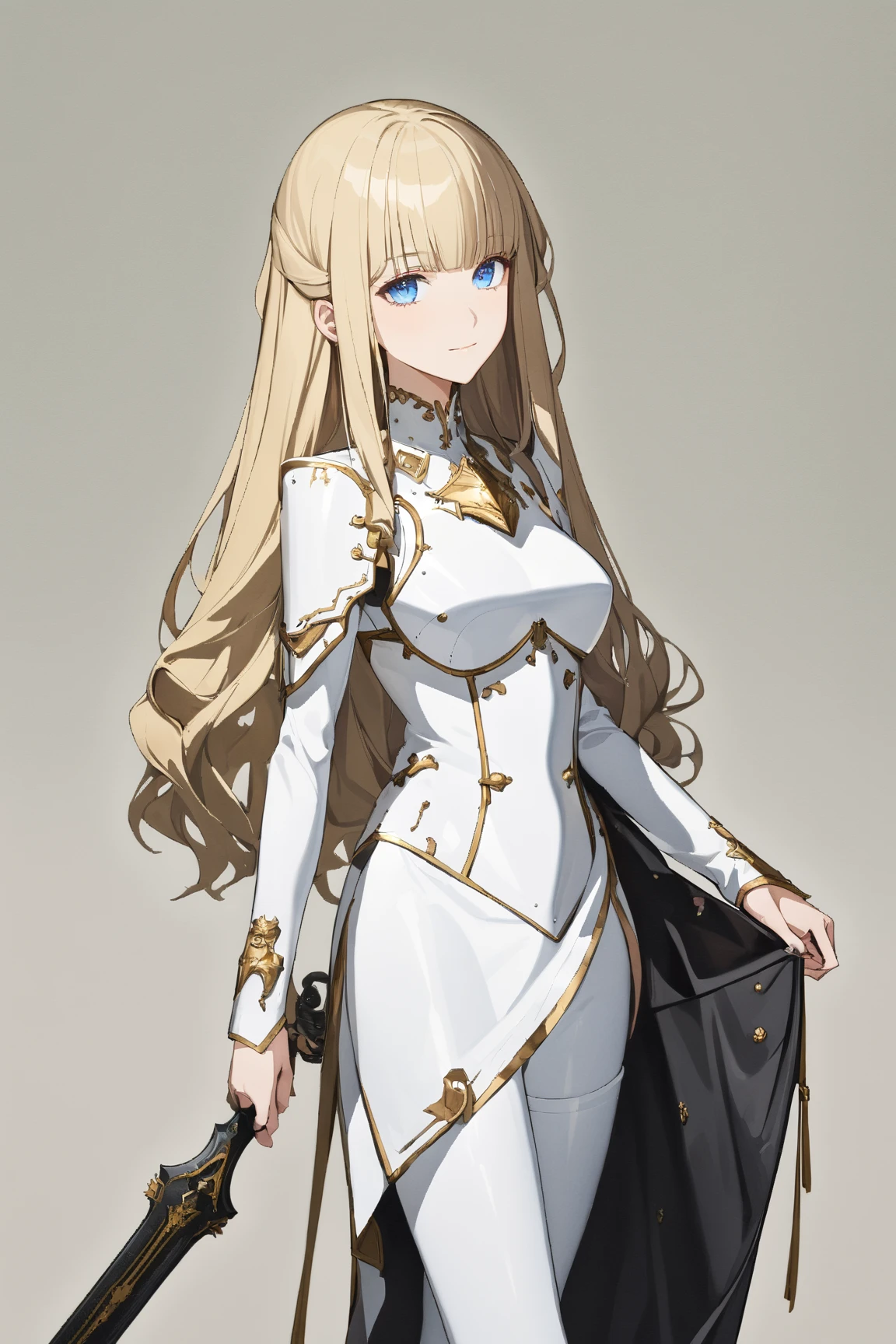 (gray background:1.3), No wind, character sprite, Break, 
1 girl, (elegant face), cute, Confident Look, light smile, 20 years old, 170 cm tall,, Standing, feet out of frame, blonde hair, hime cut, blue eyes, (medium breasts:1.2), slim, white elegant mini dress, Battle Armor, tight breastplate, thigh boots, Great Sword,,(porcelain skin), Break, 
(gray background:1.3), No wind, high fantasy, game cg, absurdres,  highres icon, ultra detailed, beautiful, masterpiece, best quality,