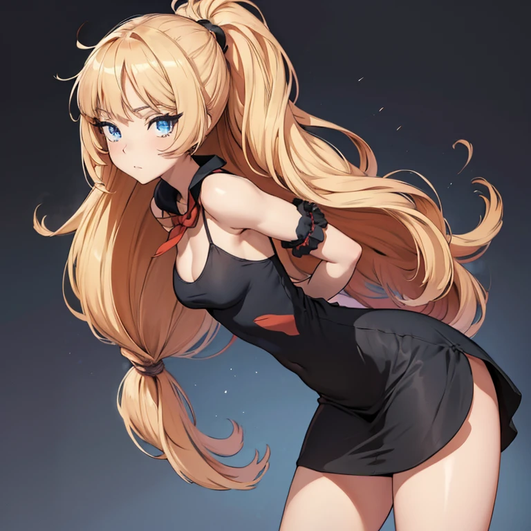 anime girl, blond long hair, masterpiece, highres, super detail, anatomically correct, high details, (solo), spaghetti strap top, black pencil skirt, tight, over the knee skirt,, big ass, bending over