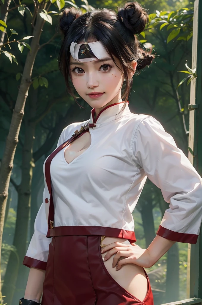 1girl, (8k, RAW photos, best quality, masterpiece: 1.2), (ultra highres: 1.0), detailed illustrations, (real people, fashion photography portraits, photos), detailed, detailed beautiful skin, (realistic, photo-realistic : 1.37), tentenNS, solo, professional lighting, red white chinese drees), village, East Asian architecture, trees, village hidden in the background of leaves, view_at_viewer, smile, black hair, brown eyes, mitain, no toes footwear, kunai, facial markings, fighting stance, fencing, ninja, control gloves, sleeveless, cleavage, very large breasts