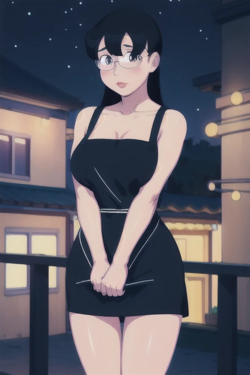 1girl, Tamako Nobi, apron, black_hair, breasts, building, city, city_lights, dress, lips, long_hair, looking_at_viewer, night,