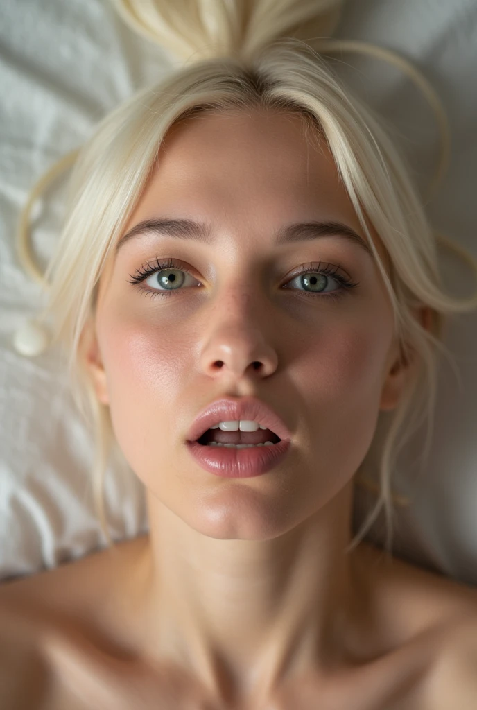 Young sexy 18 year old blonde with perfect measurements expressing a face of extreme pleasure lying down looking up with milk on her face