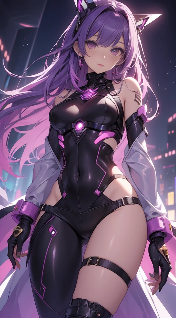 nodokaharamura, Nodoka Haramura, Eyes are purple, Long hair, Blue hair, Pony tail,masutepiece, Best Quality, pixiv,Cool Girl,blacklight,bluntbangs,portraitures, Yellow neon, doodle, murky, natta, radiant eyes,Wearing a fluorescent hair color stylish and powerful outfit,sockes, Squat position,cowboy shot,purple color hair,Miraculous body lines,She has a wistful expression on her face.,BREAK looking at viewer, Break indoors, BREAK (masutepiece:1.2), Best Quality, High resolution, Unity 8k壁纸,Against the backdrop of gorgeous cityscapes,Hands folded behind the waist、Stare at me in a slouched position,extremely details CG, (Perfect hands, Perfect Anatomy),