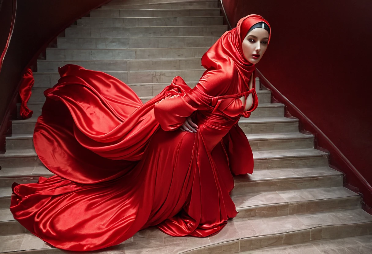 A rusian woman shrouded in a 4-meter-long, plush red satin cloth, tightly bound and grandly draping along the form of her body, flowing off into a pooled floor-length train, styled in a mermaid-inspired outfit, her head modestly veiled in a satin hijab, tall woman, a full-body pose conveying a sense of mysterious elegance, captured in a 4k resolution, ultra-realistic